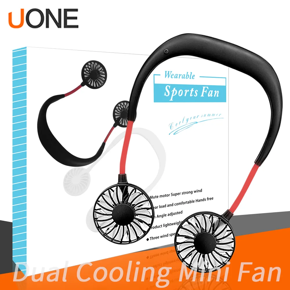 2020 Portable USB Uppladdningsbart halsband Lazy Neck Hängande Dubbla kylning Mini Fan Sport 360 graders roterande hängande nackfläkt