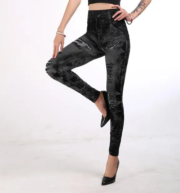 Jeggings da donna imitazione denim jean collant dimagrante leggings in spandex push up fianchi pantaloni super elastici pantaloni skinny capri S-XXXL