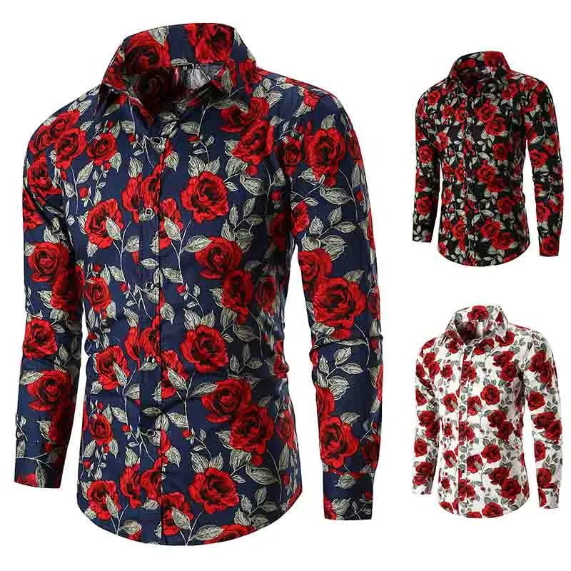 Hawaiian Beach Summer Shirt New Men's Long Sleeve Casual Shirt Fashion Rose Flower 3D Printed Floral Turn-Down Collar Sli