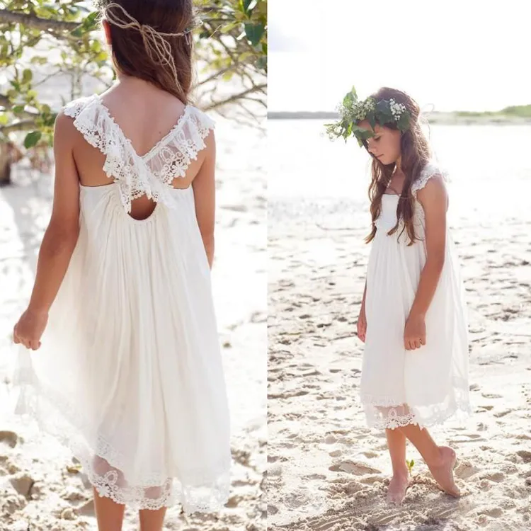 Marfim Flor Meninas Vestidos Chiffon Chá Comprimento Boho Praia País Para Casamentos Barato Lace Apliques Meninas Vestidos de Verão