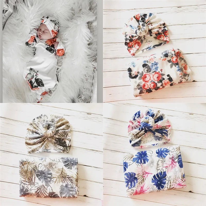 Fiori Baby Mussola Swaddle Wrap Coperta Avvolge Coperte Biancheria da letto per la scuola materna Spugna Panno avvolto per neonato con cappello 14949