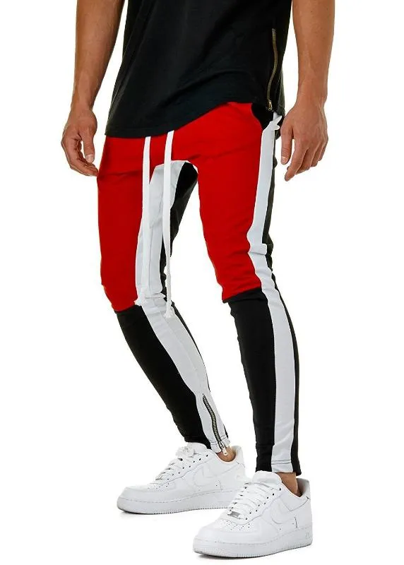 Män Patchwork Sweatpants Red Black Spliced ​​Skinny Byxor Mens Elastiska Midja Hiphop Rap Street Wear Causal Joggers Sweat Byxor