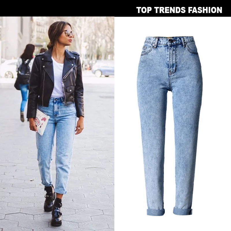 Hot Sale Blue High Waist Mom 80s Jeans Casual Straight-Led Denim för damer Jeans Femme 2020