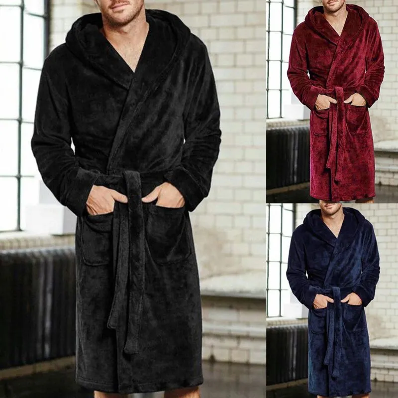 DAVID ARCHY Albornoz Hombre Batines Para Casa Bata Larga Con Capucha Cálida Suave Ropa De Dormir Polar Coral De Doble Cara Ropa De Estar