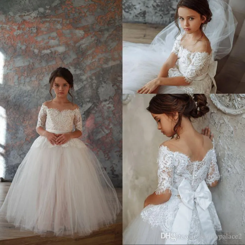 White Ivory Ball Gown Flower Girl Dresses for Weddings Tulle Princess Lace Half Sleeve Holy First Communion Gowns