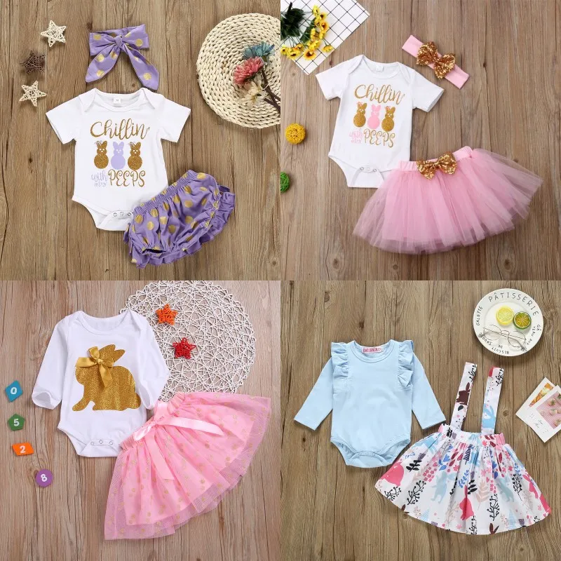 Set di abbigliamento pasquale per bambina Top con stampa di coniglio per bambina + set di vestiti per tutù in rete Set di vestiti per coniglietto pasquale per bambina