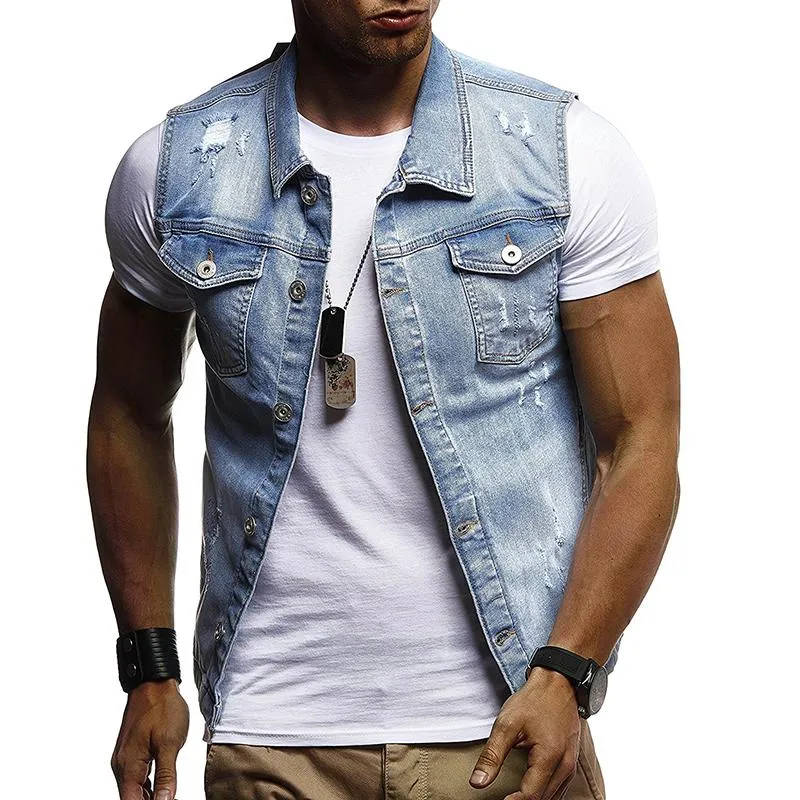Compre Hombres 2018 Rasgado Dril De Algodón Del Chaleco De Los Hombres De  La Chaqueta Sin Mangas Ocasional Del Chaleco De Los Hombres De Jean Escudo  5XL Slim Fit Vaquero Hombre Chaqueta