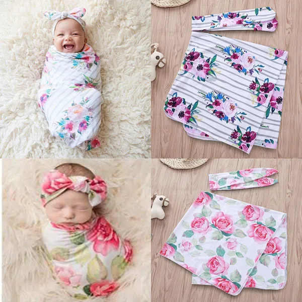 Baby-Musselin-Pucktuch, Decke, Decken, Kinderzimmer-Bettwäsche, Frottee, Baby-Säuglingsblumen, eingewickeltes Tuch mit Stirnband 15070