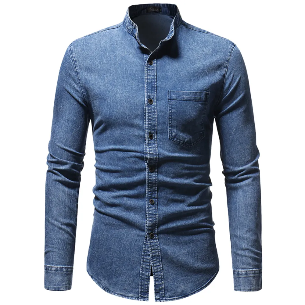 Casual Men Denim Shirt Solid Men Shirt Mao Neck Casual Mandarin Collar For Man Fashion Long Sleeve Man Blouse Male Top D40