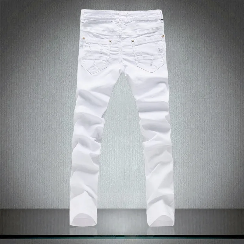 Printemps hommes serré pur blanc jean mâle maigre pantalon haute qualité coton élastique trou mince loisirs pantalon men287j