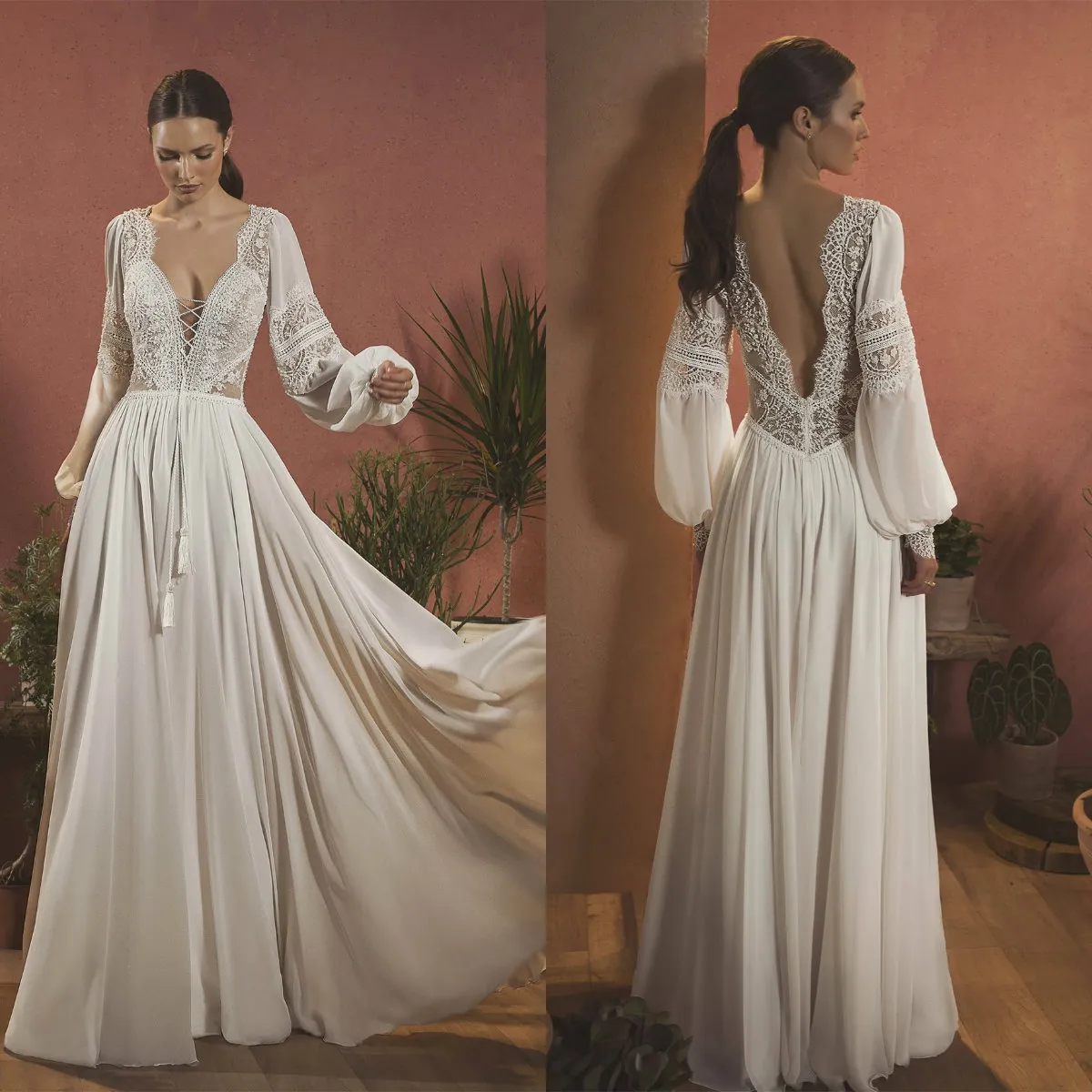 Een lijn bruidsjurken kant kralen lange mouwen tassel vloer lengte vestidos de novia custom made boheemse trouwjurk