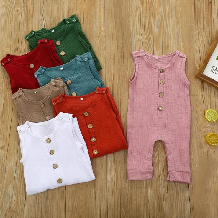 Baby Rompers Boys Girls Solid Sleeveless Jumpsuits Kids Casual Button Bodysuit Pants Child Onesies Sleepwear Payamas Climb Suit YP408