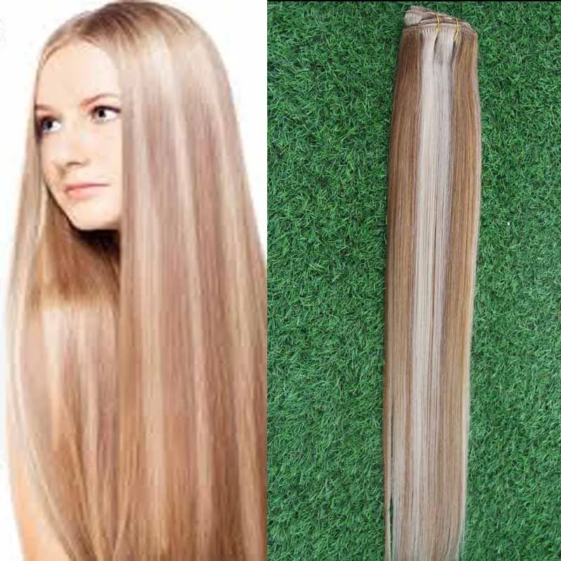 Clip in estensioni dei capelli umani 8pcs / set marrone chiaro / candeggina bionda # P8 / 613 pesa 100 g di tessitura dritta dei capelli remy