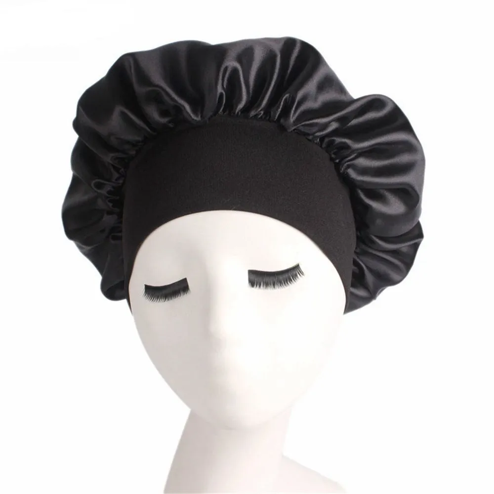 1PC Women Wide Band Satin Silk Bonnet Cap Comfortable Night Sleep Cap Hat Ladies Soft Silk Long Hair Care Bonnet Headwrap