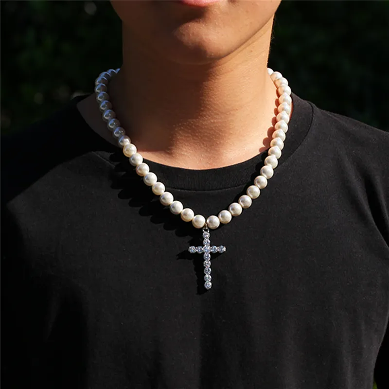 Ny mode 8-10mm Bredd 18-20inch Pearl Cross Necklaces Kedjor för män Kvinnor Nice Smycken Gift för vänner