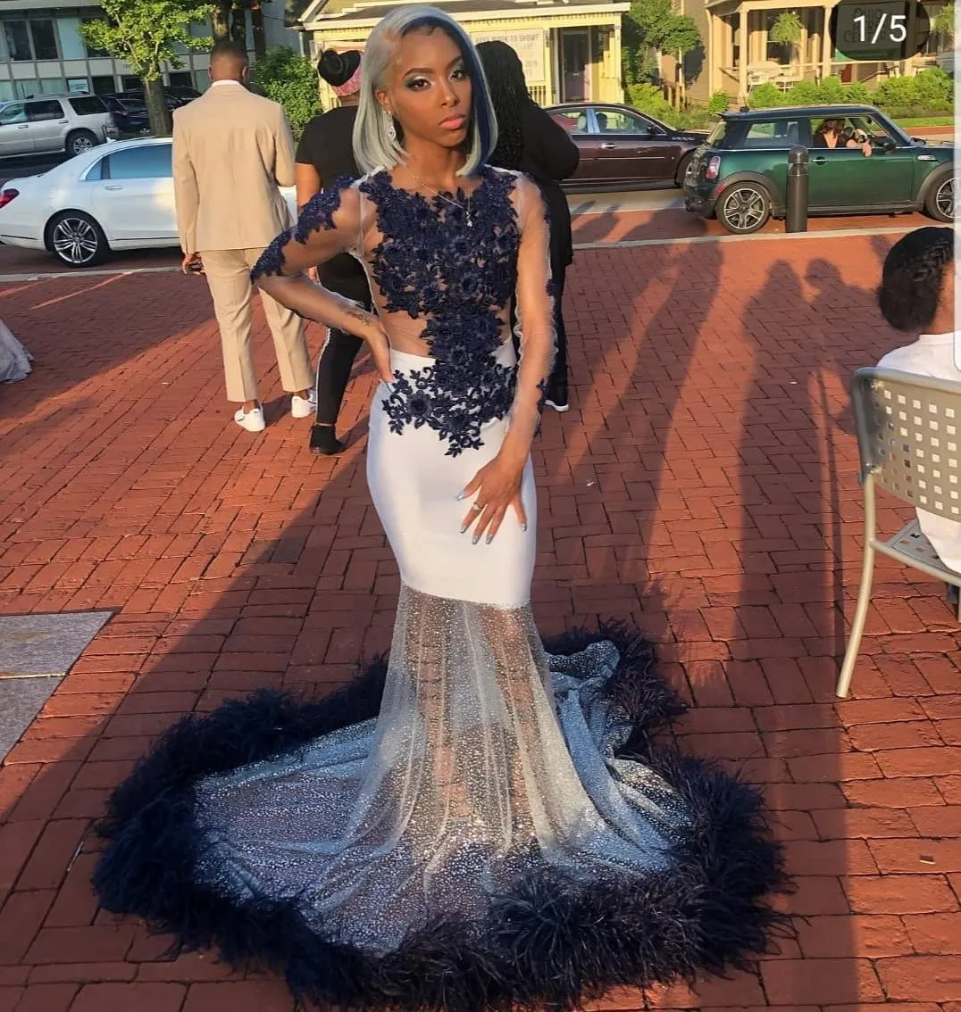 Sequined Mermaid Prom Dress: Feather Appliqued Long Sleeve Evening Gown,  Plus Size Available! Shop