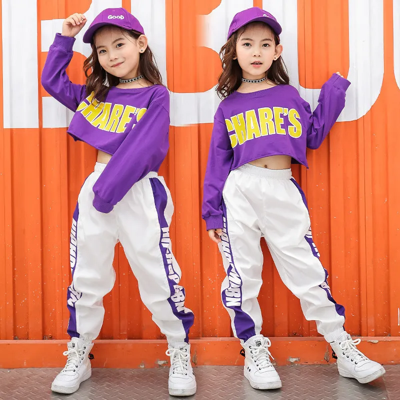 Girls Cotton Letter Crop Top Sport Suit For Dance And Hip Hop Kids