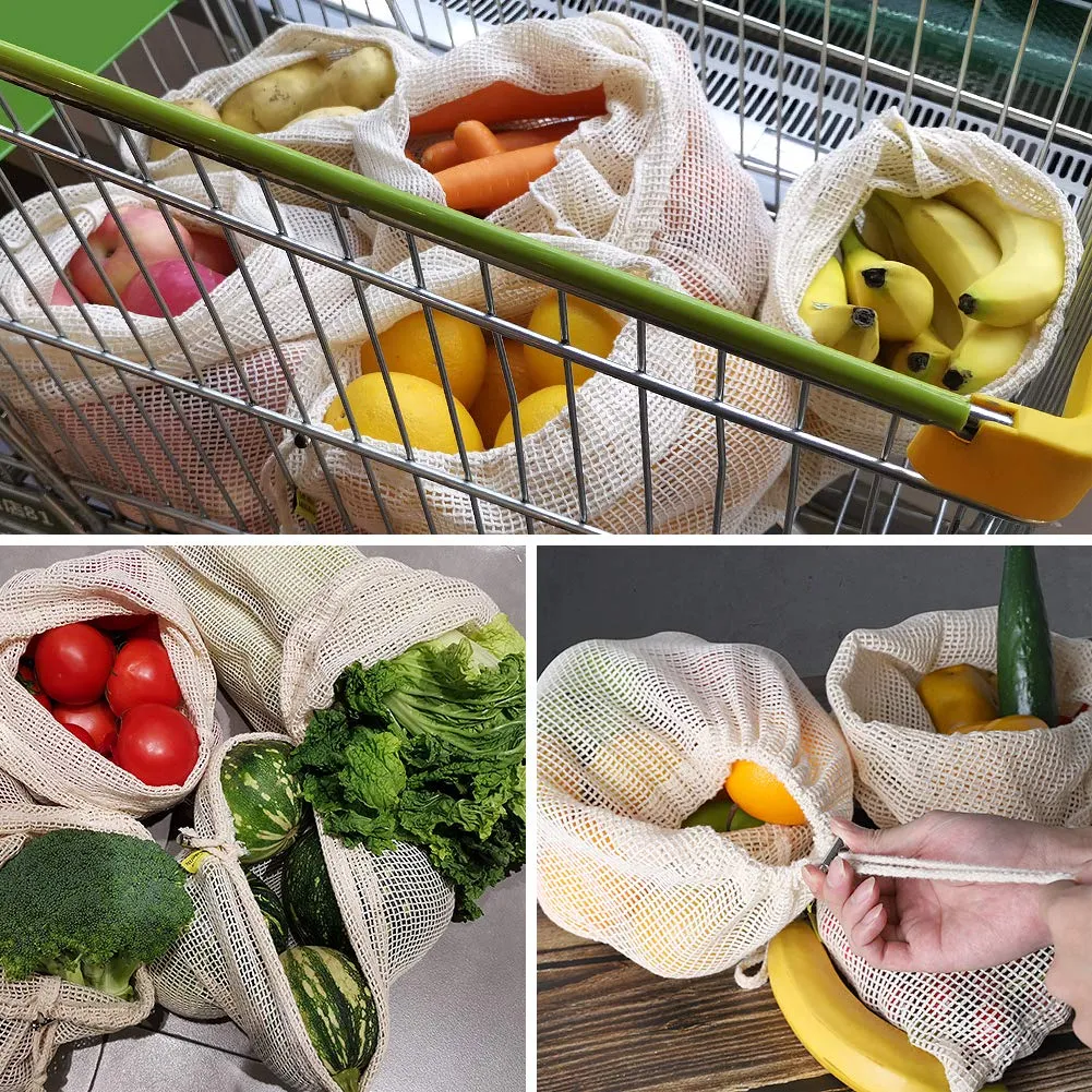 Juego 3 bolsas malla algodón orgánico para comprar frutas y verduras