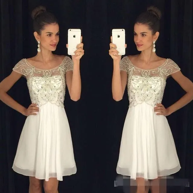 Gorgeous Beading Ivory Homecoming Dresses Chiffon Scoop Neck Short Capped Sleeves Above Knee Length Tail Party Gown Formal Prom Wear
