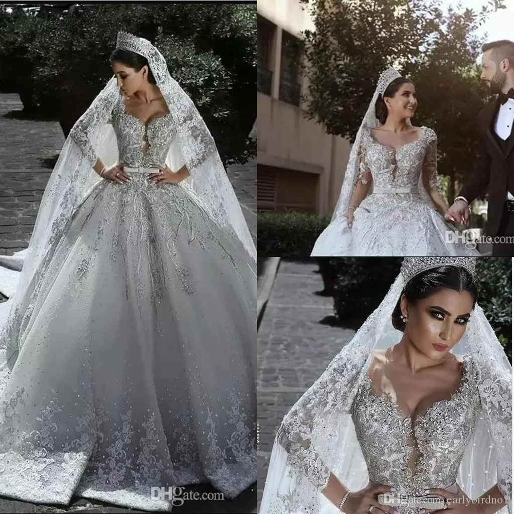 2022 Nya lyxiga pärlor Arabiska bollklänningar Bröllopsklänningar glamorösa långa ärmar tyllapplikationer spetsmonterade brudklänningar med lång slöja