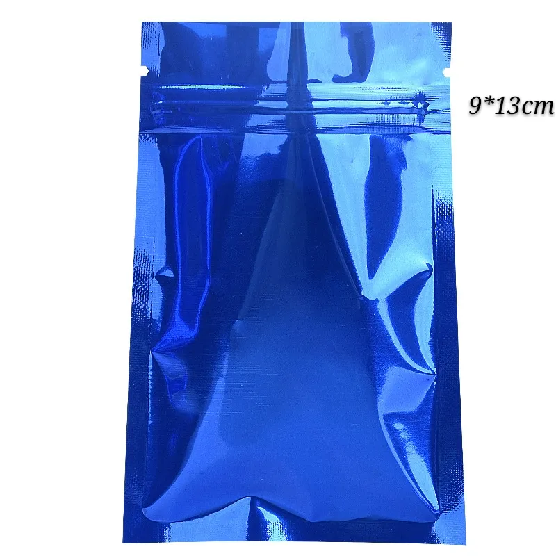 Blaue 9 x 13 cm (3,54 x 5,11 Zoll) wiederverschließbare Mylar-Verpackungsbeutel mit Reißverschluss, Heißsiegel-Reißverschluss-Versiegelungsbeutel, glänzende, trockene Lebensmittelqualität