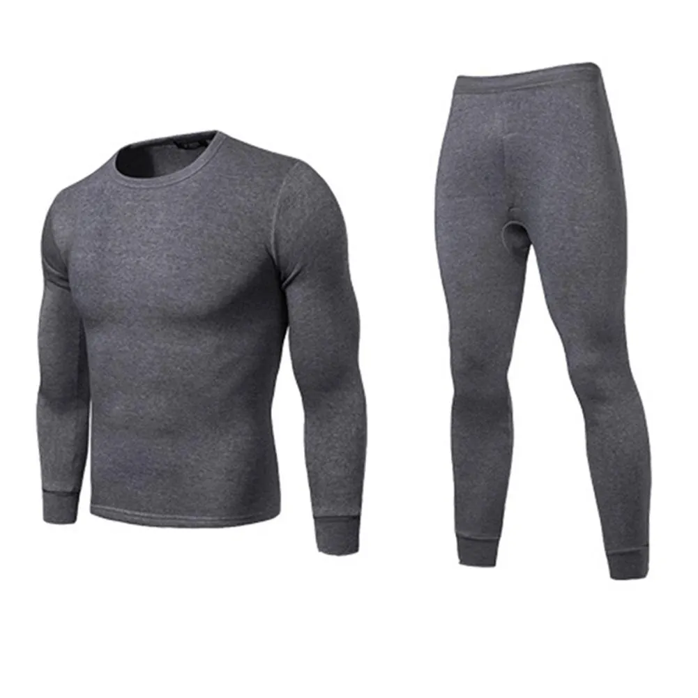 Men Winter Warm Long Johns Plus Size Solid Color Thermal Long Sleeve Top Pants Underwear Set