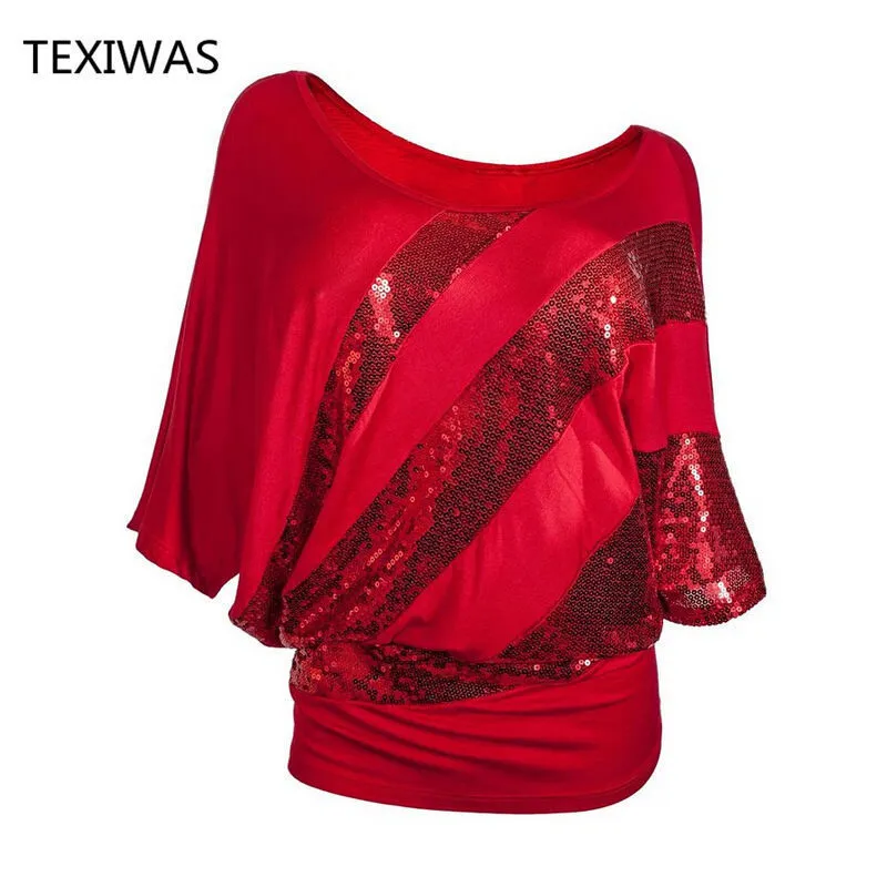 Texiwas Women Plus Size Glitter Blouse Off Shoulder Batwing Shirts Sequined Tops Female Tunic Shirt Loose Streetwear Y19050501