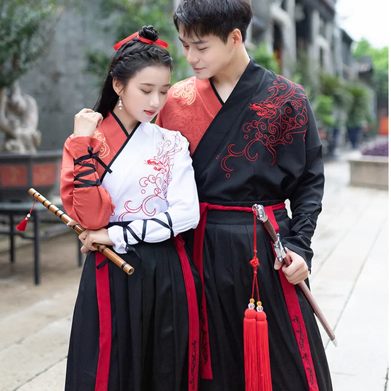 커플 Chinese Hanfu 고대 전통 의상 민속 댄스 Wushu 의류 여성 남성 공연 착용 축제 복장 DN4908