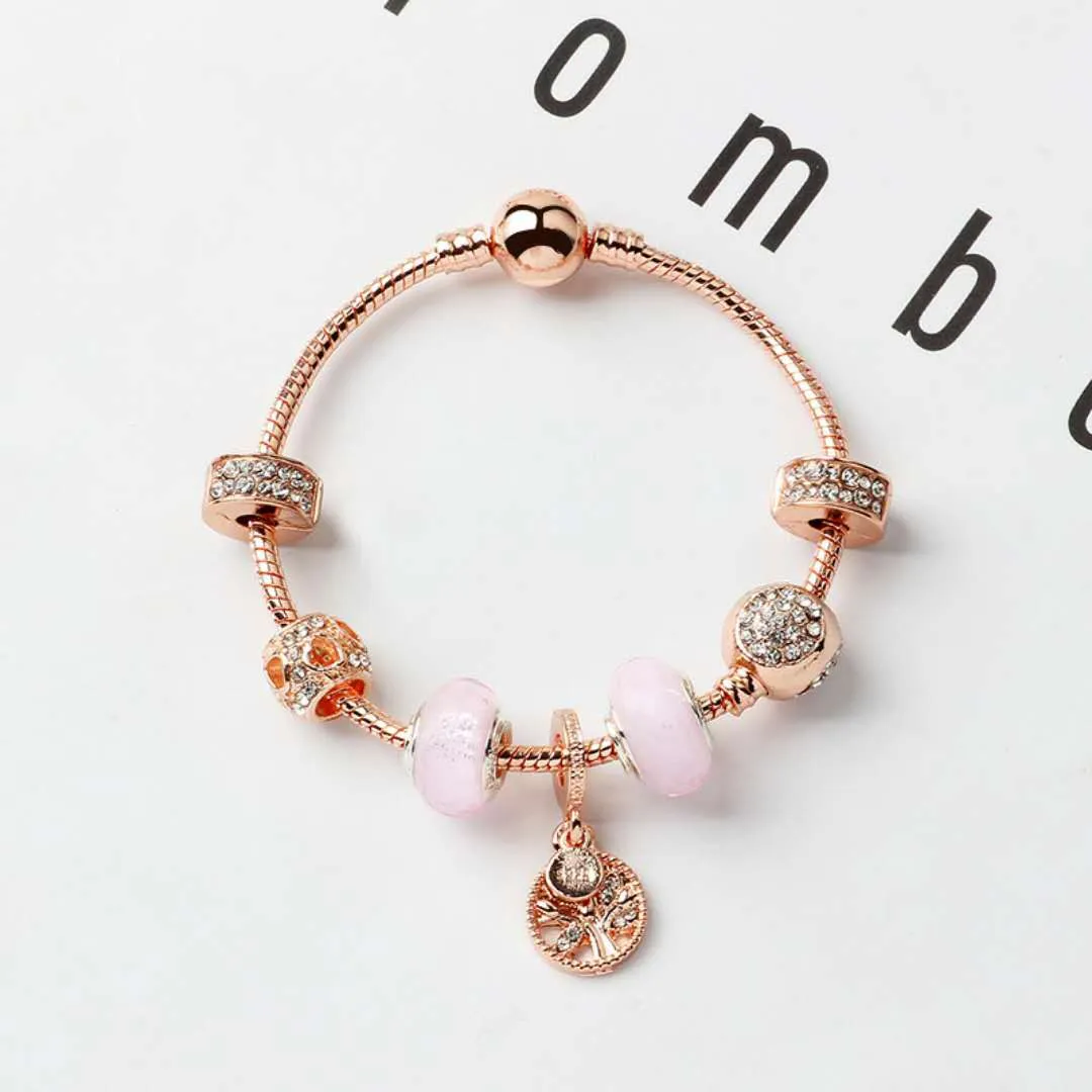 New style loose charm beads life tree pendant bangle rose gold charm bracelet girl women gift DIY Jewelry Accessories