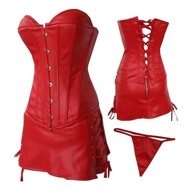 PLUS TAILLE Femmes Mode Clubwear Robe Corset Tenue Sexy En Cuir PVC Overbust Bustier Corselet et Mini Jupe À Lacets Latéraux S-6XL 294T