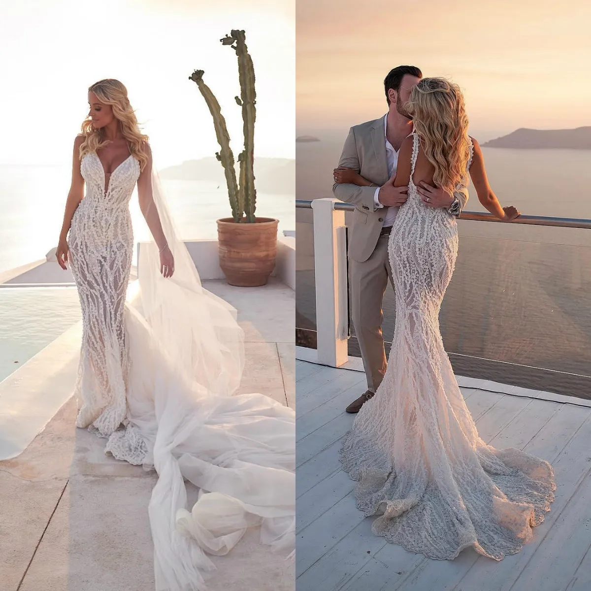 Sexy Berta Mermaid Dresses V Neck Illusion Lace Appliqued Backless Bridal Gowns Sweep Train Beach Wedding Dress