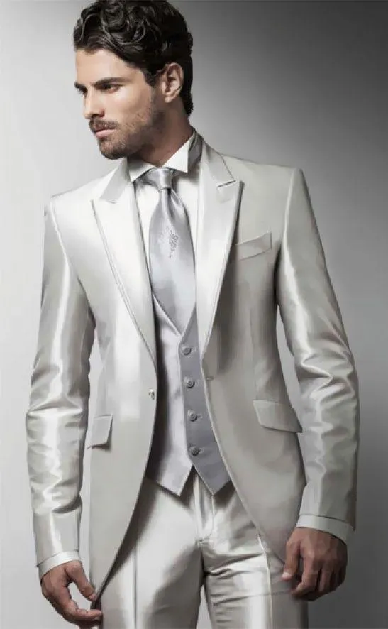 Slim Fit Shinny Groom Tuxedos Peak Lapel Groomsmen Mens Wedding Dress Excellent Man Jacket Blazer 3 Piece Suit(Jacket+Pants+Vest+Tie) 176