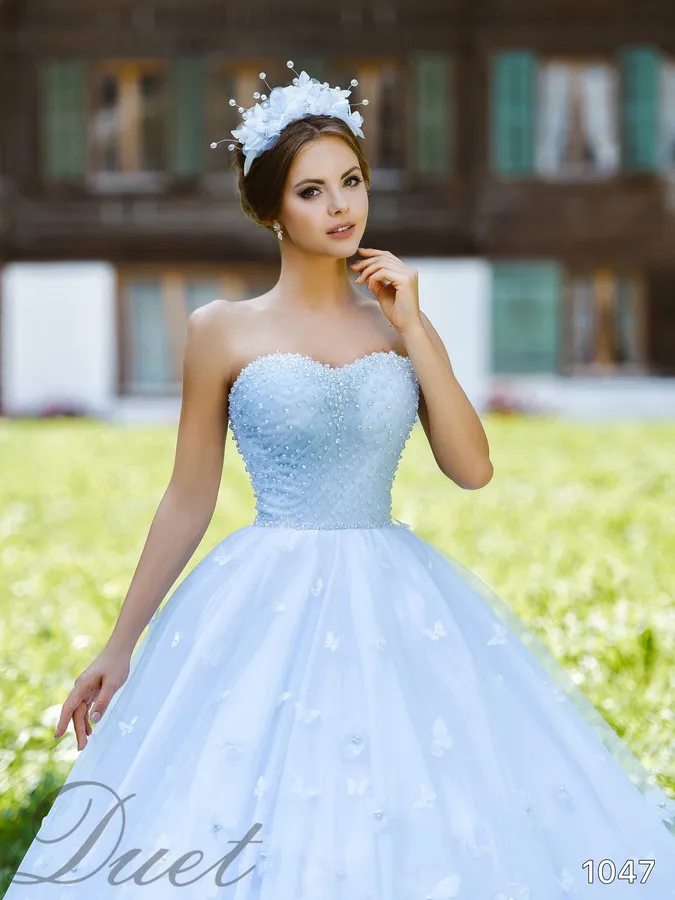 Custom-made Light Blue Sweetheart Country Blue wedding dress with A-line Pearls, 3D Floral Appliques, and Lace Sweep Train