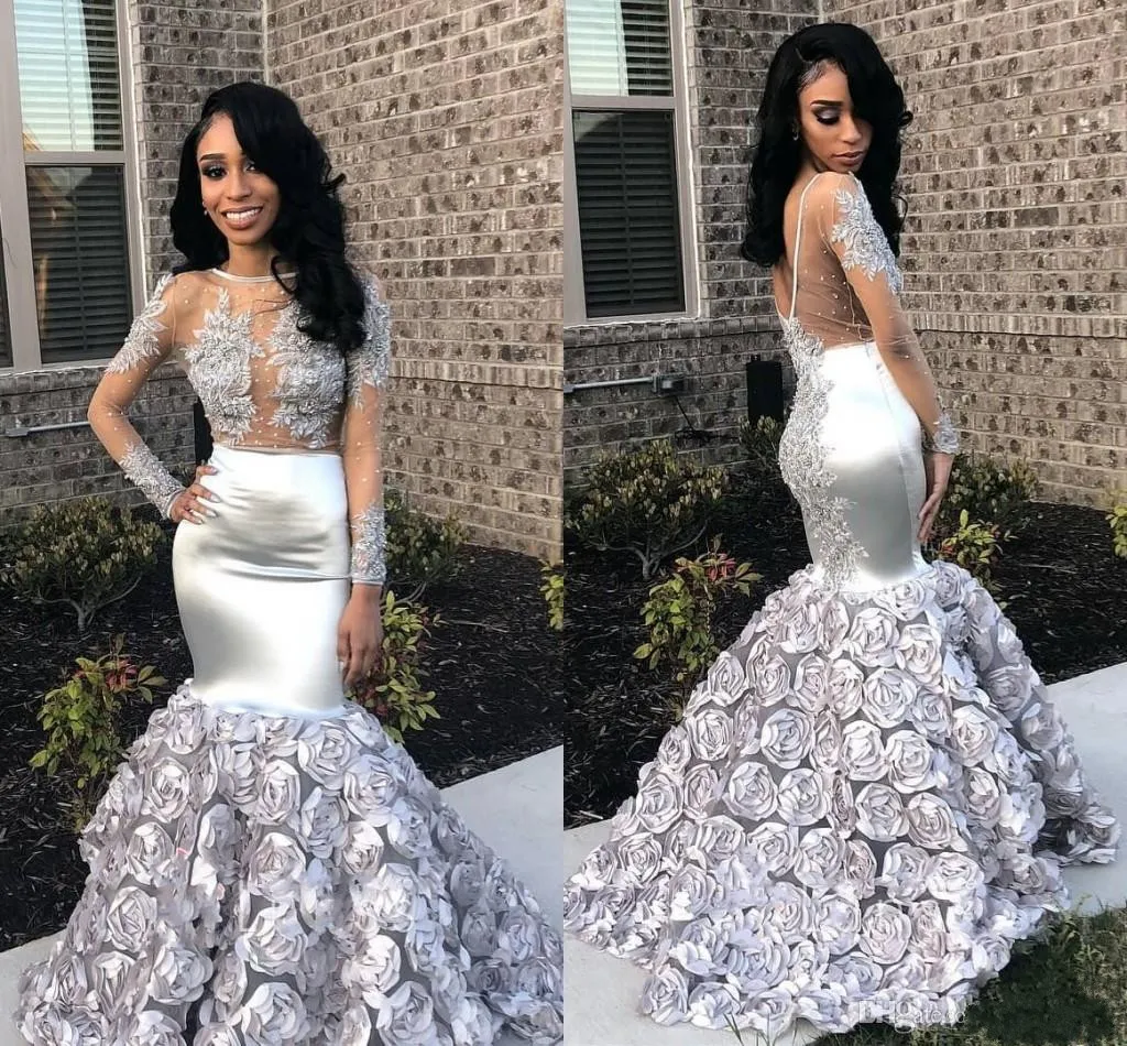 Prom 2019 Sier Dresses Lace Appliqued Sexy See Through Long Sleeve Beaded Mermaid Evening Gowns 3D Rose Flowers Special Ocn Dress