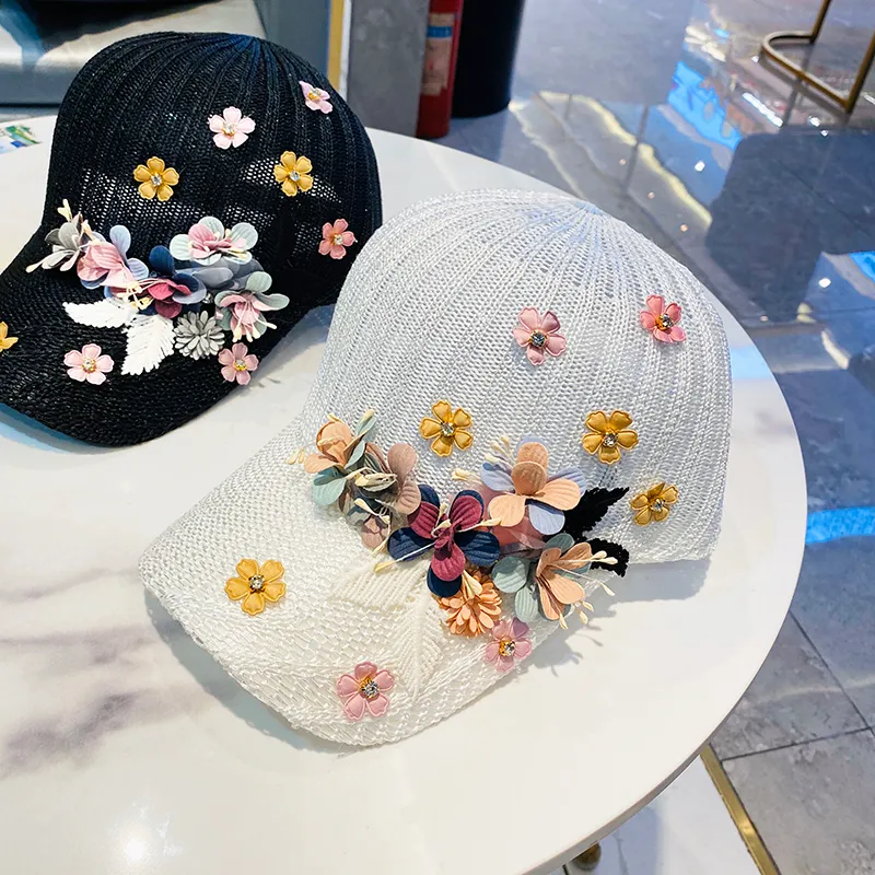 DHgate Womens Summer Breathable Hollow Baseball Caps Fashion Luxury Designer Diamond 3D Flower Sun Hats Fashion Accessories