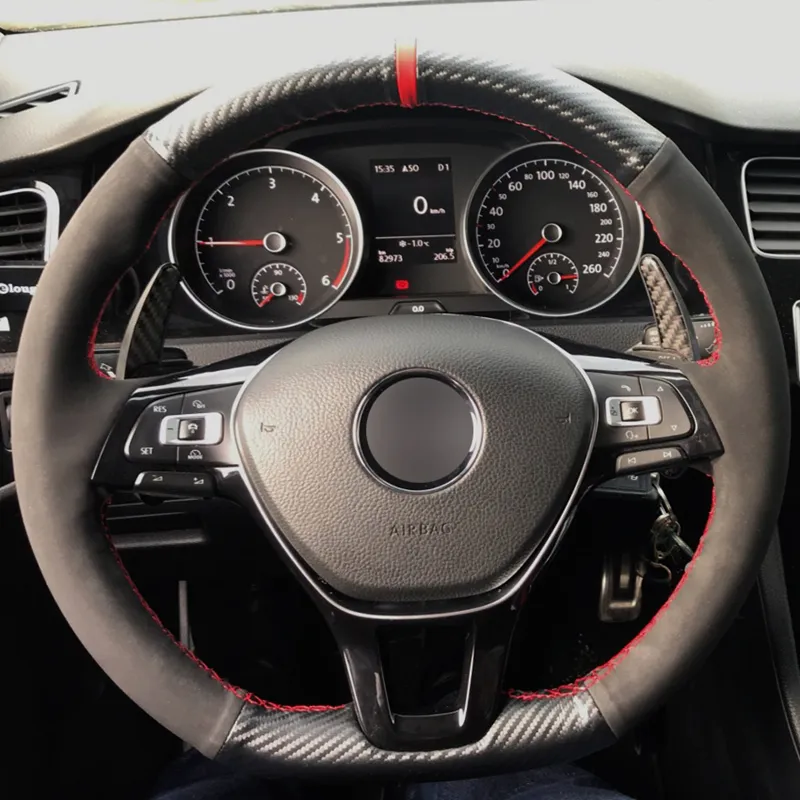 Carbon fiber leather steering wheel cover for Volkswagen VW Golf 7 Mk7 New  Polo Jetta Passat B8