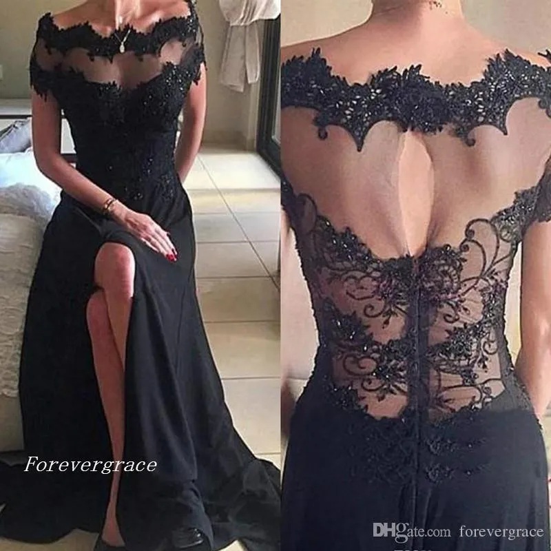 2019 Vintage Little Black Split Evening Dress Lace Appliqued En Line Formell Party Gown Custom Gör Plus Storlek