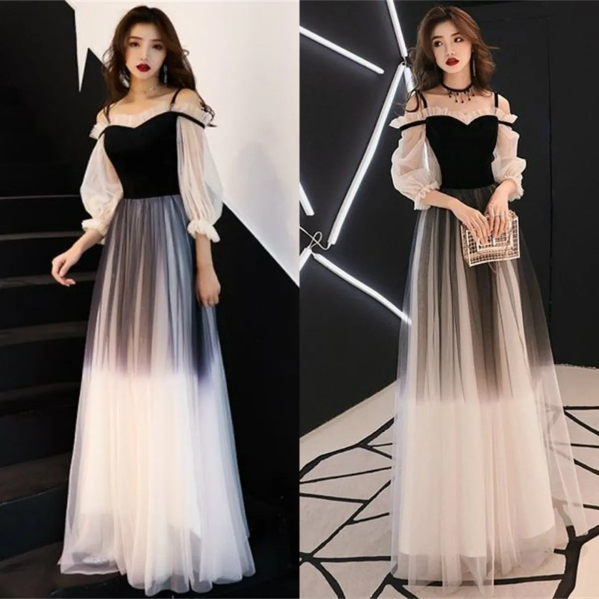 Black And White A-line Evening Dresses Spaghetti Strap Long Sleeve Ruched Pageant Gown Floor-length Custom Made Formal Party Gown Hot Sell