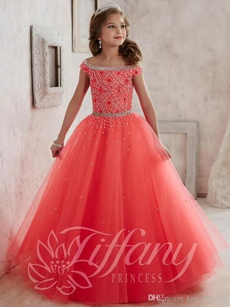 2020 meninas vestidos de concurso usar novo fora do ombro contas de cristal coral tule formal vestido de festa para adolescentes crianças flores meninas vestidos