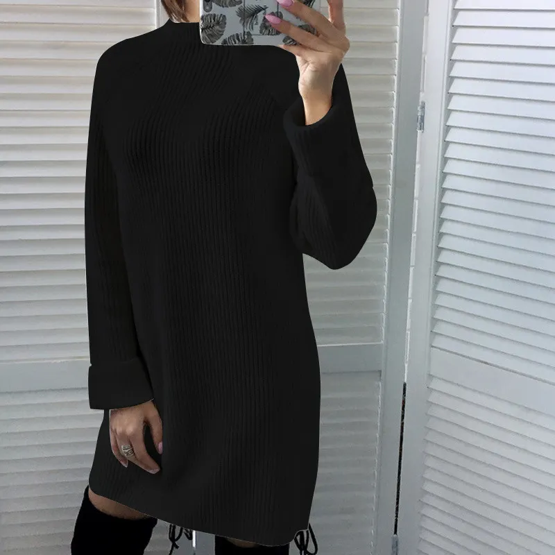 Abito in maglia casual all'ingrosso-inverno Donna Autunno 2018 Abito in maglione solido a maniche lunghe femminile Inverno Donna Fondo dritto mini