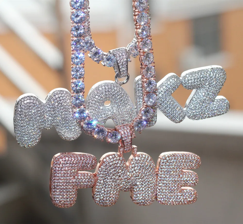 New Iced Out CZ Cubic Zirconia Gold Hip Hop Custom Name Combination Bubble Letter Pendant Chain Necklace Full Diamond Initial Jewelry