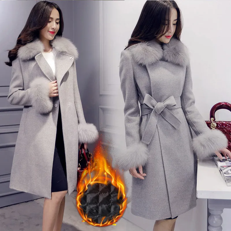 Otoño Invierno Moda Elegante Mujer caliente Abrigo largo de lana Cuello desmontable Cuello de piel Mezcla de lana Abrigo y chaqueta Sólido Abrigos de mujer Tamaño S-XXL