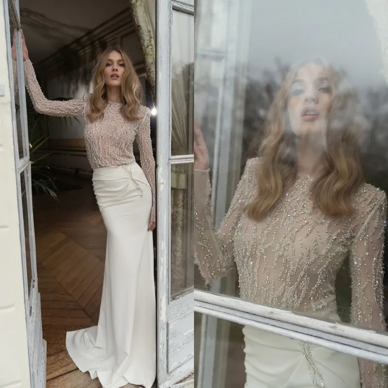 Inbal Dror Mermaid Bröllopsklänningar Illusion Bodice Beaded Sequins Sweep Train Satin Långärmad Spets Brudklänningar Plus Storlek Bröllopsklänning