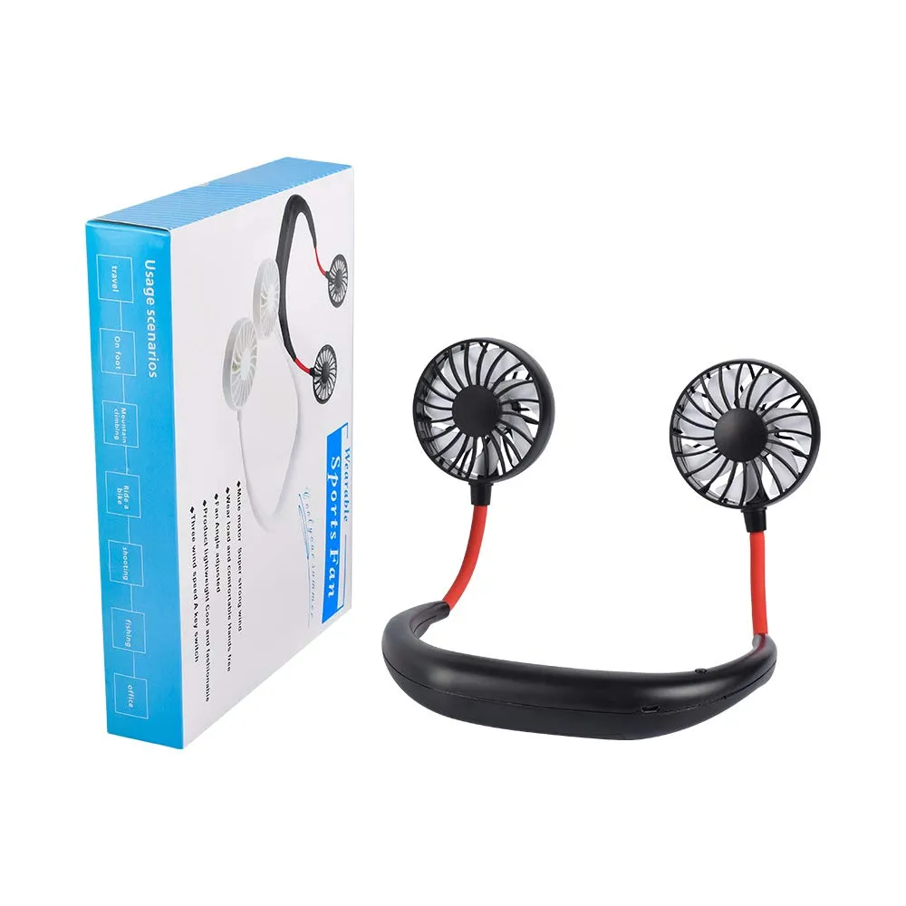 Portable Neckband Electric Fans USB Gadgets Hand Free Personal Mini Sport Fan 3 Speeds Adjustable LED Light for Sports Travel Outdoor office