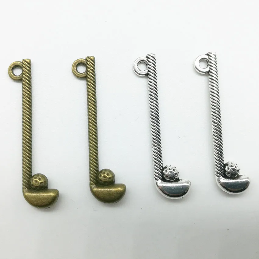 100 unids/lote, colgante de aleación de palo de Golf, joyería Retro, llavero DIY, colgante de plata antigua para pulsera, pendientes, collar, 32x8mm