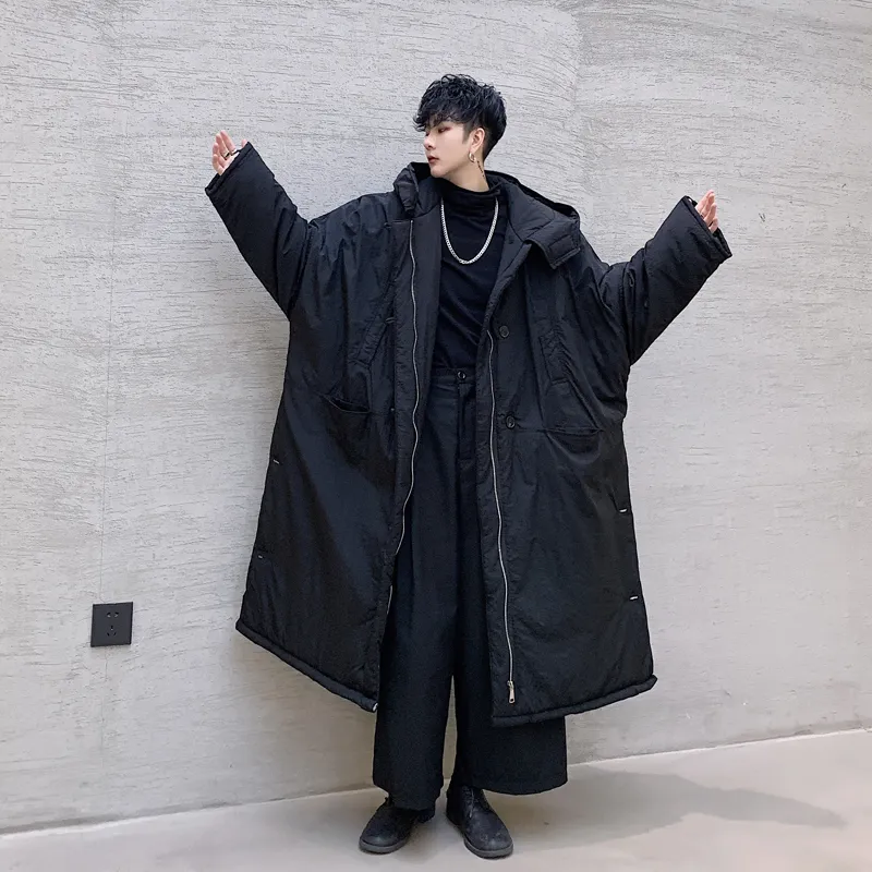 Men s Down Parkas Men Winter Long Loose Hooded Parka Jacket Overcoat Male Japan Street Dark Black Cotton Padded Thick Coat Outerwear