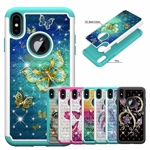 2 1 Kristal Elmas Baykuş Çiçek Kelebek Darbeye Hard PC TPU Zırh Kılıf iPhone 11 Pro X XS Max XR Samsung Galaxy S10E Not 10 Artı İçin