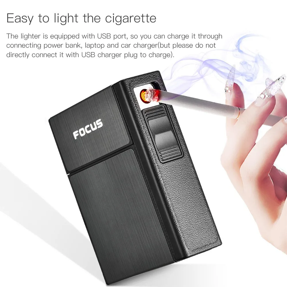 흡연 담배 케이스 스토리지 박스 용기 금속 포켓 USB 전자 충전 담배 라이터 팩 커버 시가 담배 홀더
