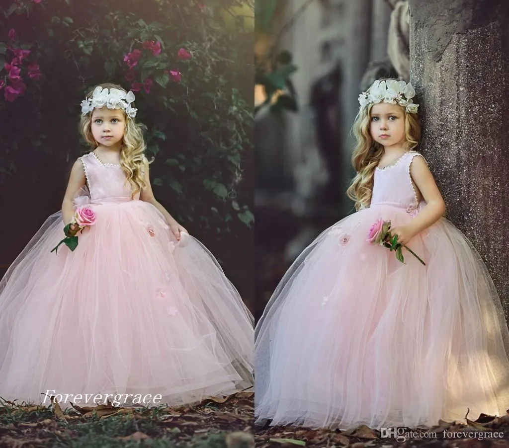 2019 Puffy Tulle Floor Length Cute Princess Girl's Pageant Dress Vintage Blush Pink Arabic Party Flower Girl Pretty Dress For Little Ki