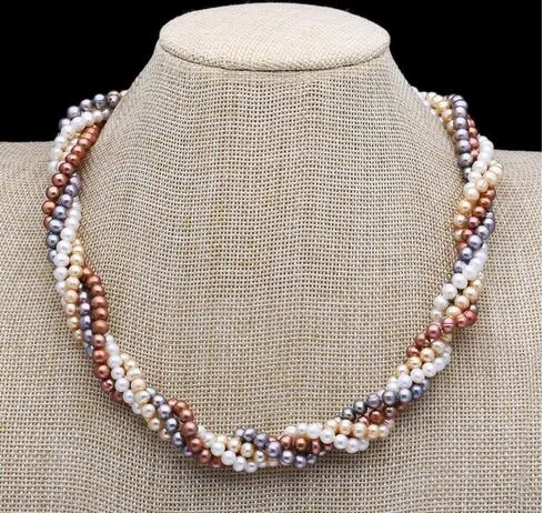 Hand knotted Multi-layer color near4 round freshwater pearl necklace fashion jewelry5-6mm long46''